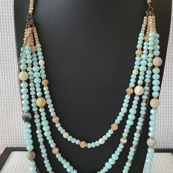 iridescent  Aquamarine Layered Waterfall Boho 4 Strand Bead Statement Necklace - Picture 1 of 6